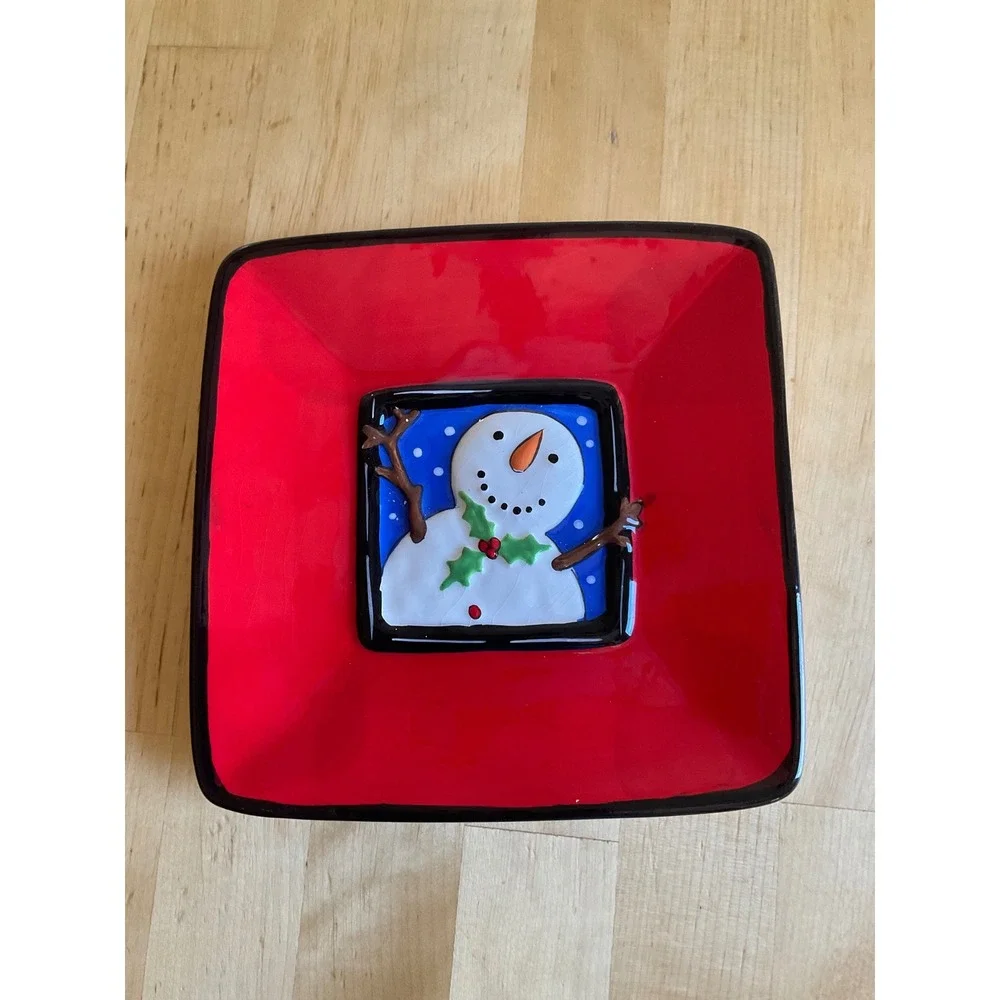 Ganz Snowman Ceramic Holiday Plate Red Square Christmas Dish EX12805
